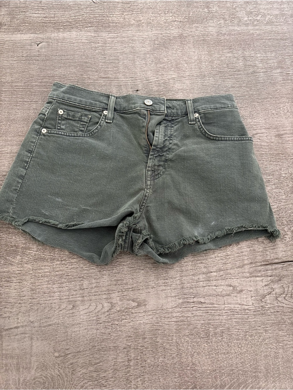 7 For All Mankind Olive Green Denim Cutoff Shorts - Picture 1 of 4